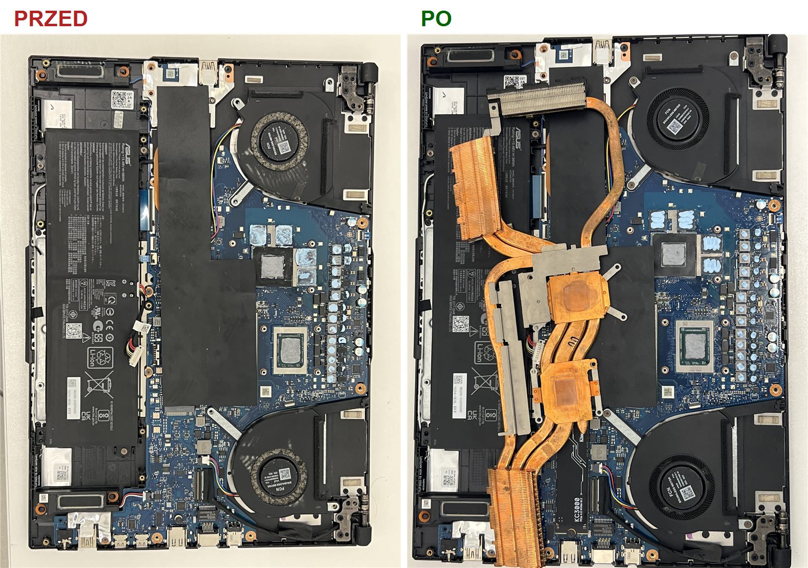 Laptop ASUS TUF Gaming przed i po czyszczeniu układu chłodzenia